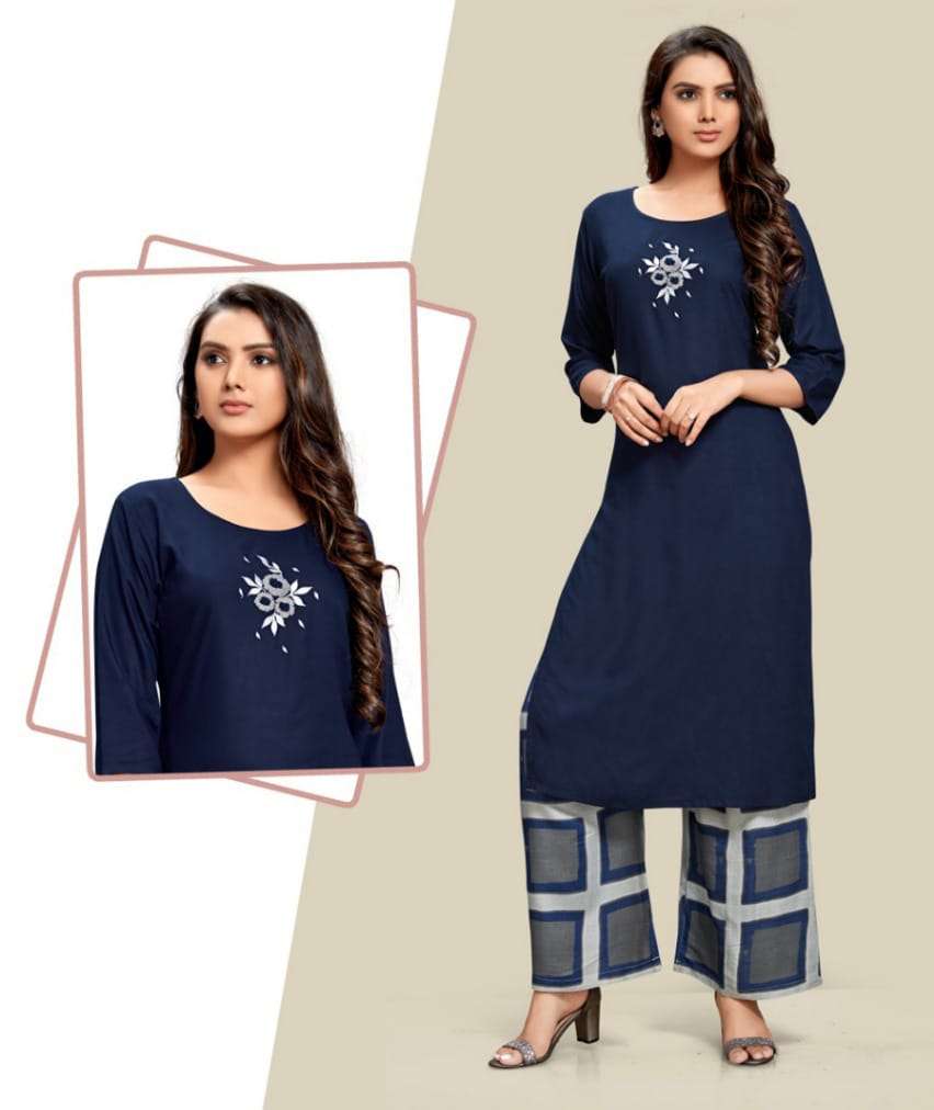 VASTRA MODA PRESENTS VM 241 RAYON WITH EMBROIDERY AND GEOMETRIC PRINT BOTTOM M TO XXL
